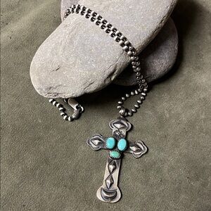 Sterling silver Navajo design with turquoise bead accents/ss bead chain